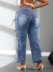 SHEIN SXY Jeans de moda con diseño calado y cordones para mujer de talla grande - Negro - Ver 2