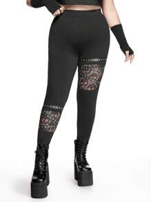 ROMWE Goth Plus Size Women Skeleton Rivet Decor Patchwork Skinny Fashionable Pants - Black - View 1
