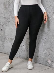 SHEIN LUNE Casual Plus Size Black Ribbed Leggings, Suitable For Autumn/Winter High Waist Leggings Plus Size Leggings Black Leggings Tights Plus Size Yoga Pants Plus Size Ribbed Leggings Plus Size - Black - View 5