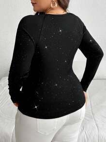 SHEIN Privé Blusa de manga larga con paneles de lentejuelas y malla para tallas grandes, elegante para fiestas, meriendas, citas, conciertos - Año Nuevo, días festivos, oficina, glamorosa