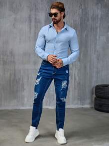 Manfinity Homme 男士纯色长袖纯色衬衫 - 藍色 - 查看 4