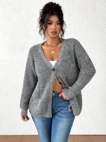 Calvaya Áo len cardigan dệt kim cổ chữ V chấm bi cỡ lớn cho nữ, mùa đông - Xám - Xem 5