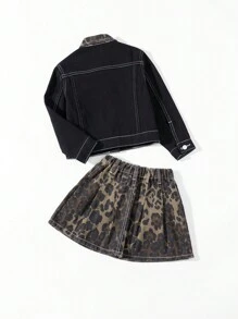 SHEIN 2pcs/Set Young Girl Denim Jacket With Leopard Print Collar & Leopard Print Skirt, Matching Outfit - Black - View 2