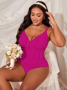 Swim Lushoire Plus Size Women One-Piece Swimsuit With Flounced V-Neck, Spaghetti Strap, Summer Beach