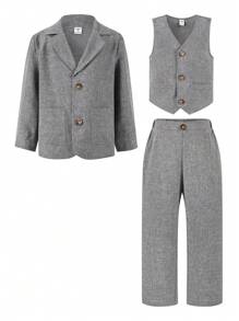 3pcs Young Boys' Leisurely Collegiate Blazer With Lapel, Sleeveless Fitted Vest, And Solid Color Straight Leg Pants Woven Gentleman's Suit, Suitable For Weddings, Christmas Parties, Outings, And Daily Gatherings, Autumn/Winter - Dark Grey - View 3