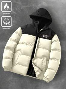 Manfinity Homme Men's Casual Color Block Letter Print Hooded Padded Coat, Winter,Men Winter Coat, Color Block Plus Fleece Warm Winter Coat