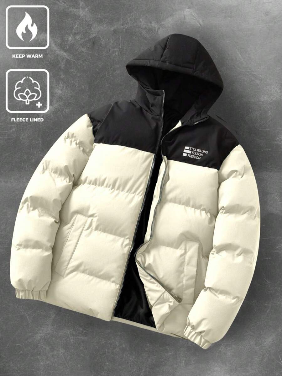 Manfinity Homme Men's Casual Color Block Letter Print Hooded Padded Coat, Winter,Men Winter Coat, Color Block Plus Fleece Warm Winter Coat