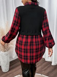 SHEIN LUNE Blusa con cuello Peter Pan, manga farol y diseño de parchwork a cuadros de moda para mujer de talla grande, para otoño
