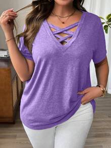EMERY ROSE Plus Size Casual Minimalist Hollow Out Round Neck Short Sleeve T-Shirt - Purple - View 1