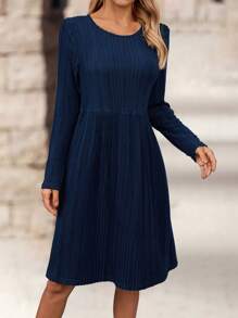 EMERY ROSE Women Solid Color Round Neck Long Sleeve Pleated Minimalist Casual Short Dress - Blue - View 4