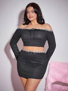 SHEIN SXY Plus Size Women Polka Dot Off-Shoulder Long Sleeve Crop Tops And Bodycon Mini Skirt 2 Pieces Set, Autumn Fashion