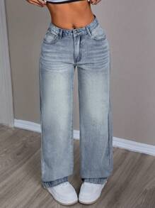 SHEIN Tall Pantalones vaqueros informales de longitud hasta el tobillo con lavado a rayas de gato para mujeres, otoño