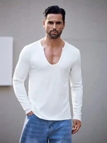 Manfinity Homme Men Solid Color Round Neck Long Sleeve Plain T-Shirt, Casual And Fashionable For Everyday Wear, For Gym