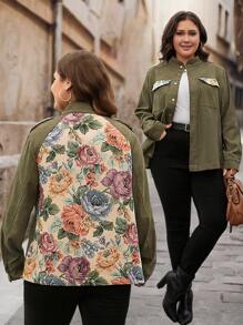 SHEIN LUNE Plus Size Solid Color Patchwork Long Sleeve Front Button Pocket Casual Jacket, Vacation Outfit Women Plus Size Fall Clothes
