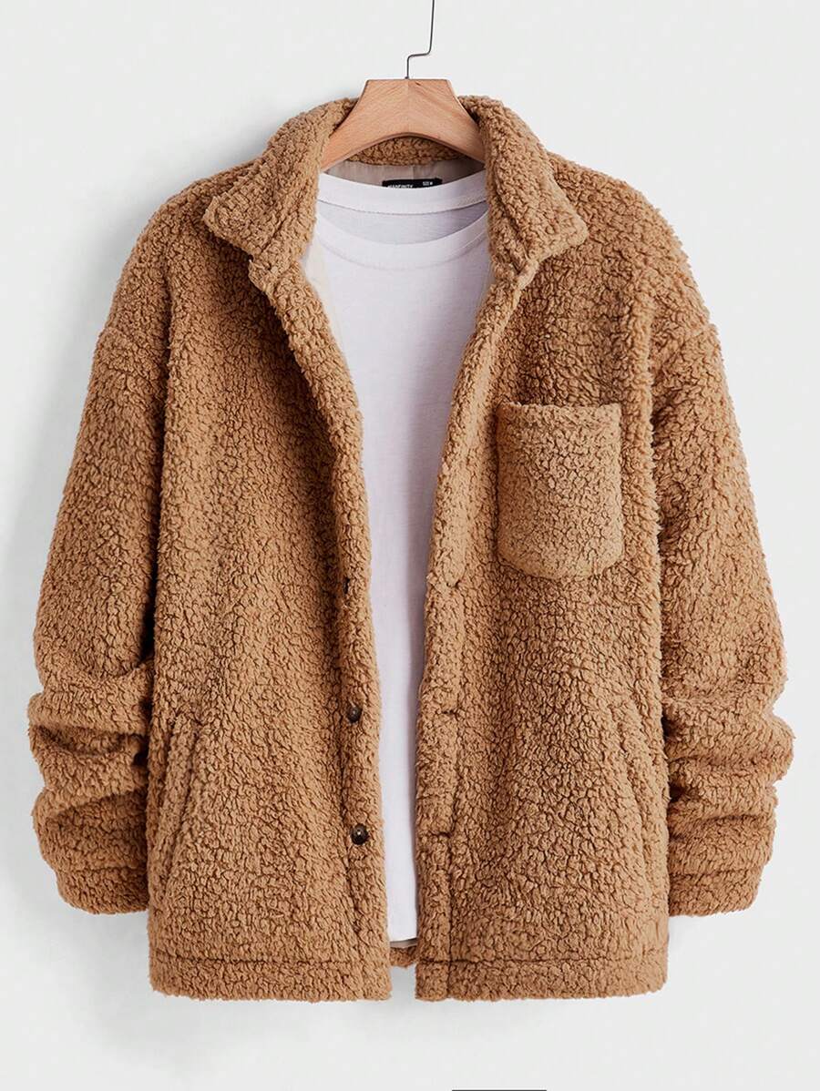 Manfinity VCAY Men Loose Fit Drop Shoulder Casual Fluffy Cardigan Jacket Suitable For Autumn - Khaki - View 1