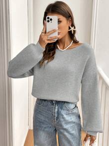 SHEIN Frenchy Casual Bowknot Decor Long Sleeve Pullover Sweater - Grey - View 4