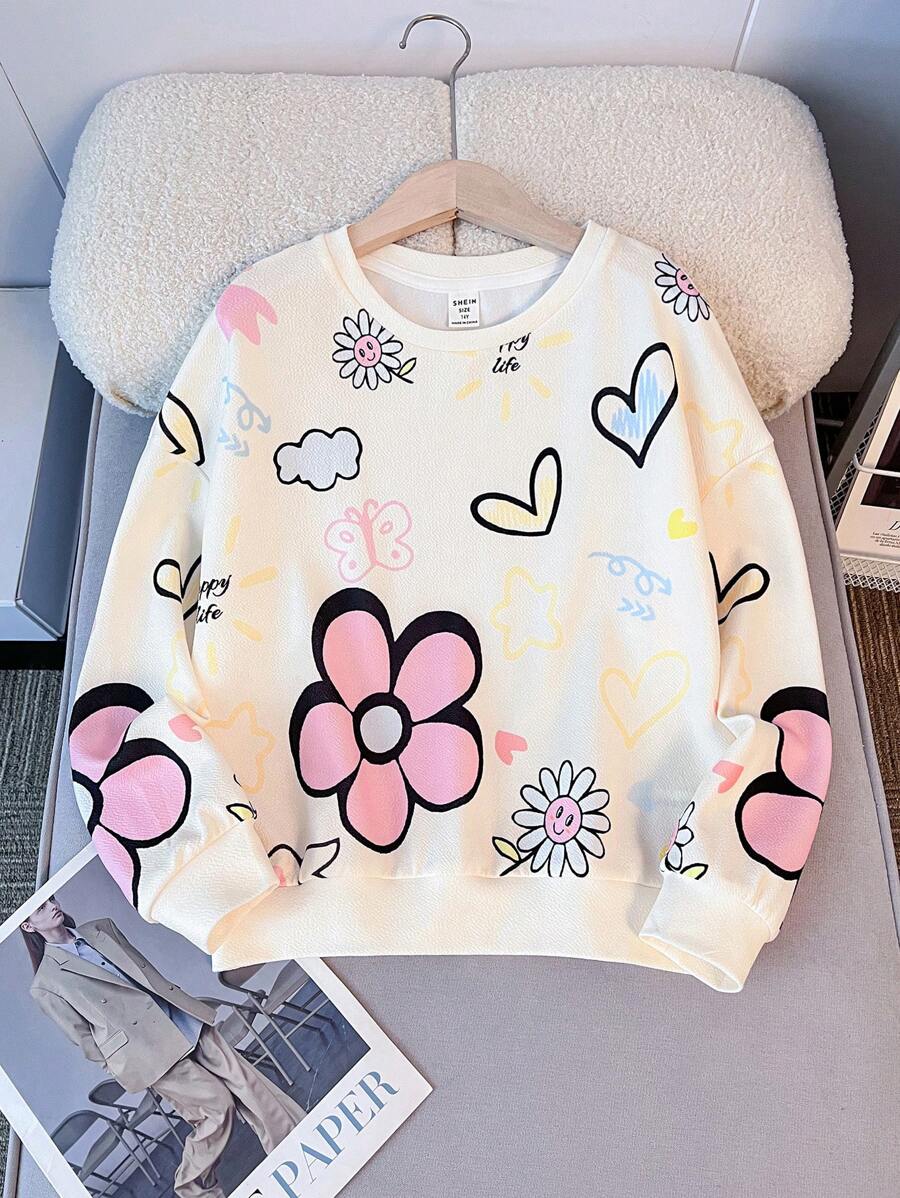 SHEIN Teen Girls White Knitted Round Neck Floral & Doodle Pattern Cute Casual Sports Loose Pullover Top,In Fall/Winter - Apricot - View 1