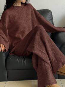 DAZY 2pcs Women Solid Color Loose Knit Sweater And Pants Set,Fall Clothes - Brown - View 1