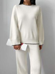 Chiquease 2 件套女士休闲罗纹撞色毛衣套装，舒适室内家居服 - 彩色 - 查看 6