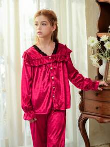 Girls Velvet Solid Color With Lace Trim Long Pants & Long Sleeve Casual Comfortable 2 Pieces Pajama Set