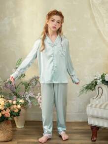 Bộ 2 món/bộ cho bé gái tuổi teen thanh lịch vải họa tiết hoa áo tay raglan và quần dài, đồ mặc ở nhà - Màu xanh Bạc hà - Xem 4