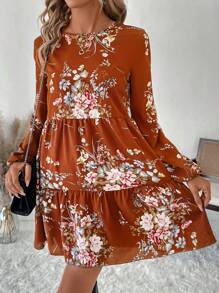 SHEIN Clasi 女士花卉印花长袖迷你连衣裙，秋季