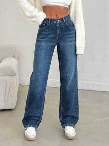 EURMUSE Pantalón vaquero recto con cintura baja y banda elástica - Azul lavado medio - Ver 4