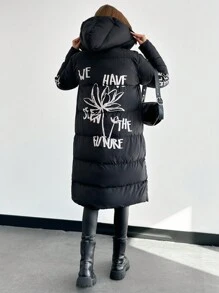 SHEIN PETITE Petite Size Women's Mid-Length Padded Jacket With Letter And Floral Print Two Side Opening Zipper - الأسود - مشاهدة 2
