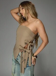 MISSGUIDED Top sin tirantes con detalle de lazo en el lateral, estilo envolvente con corte asimétrico y nudo lateral, pieza de moda para eventos de verano y fiestas de noche - Albaricoque - Ver 4