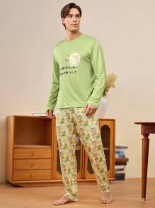 Conjunto de pijama para hombre con top de cuello redondo de manga larga con estampado de cara sonriente y letras, y pantalones