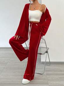 SHEIN EZwear 2pcs New Year Women Velvet Tie Front Long Sleeve Top And Pants Set