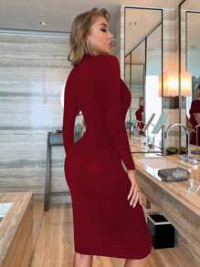 INAWLY Solva Gaun Wanita Polos Kerah Tegak Pas Badan Elegan Lengan Panjang - Burgundy - View 2