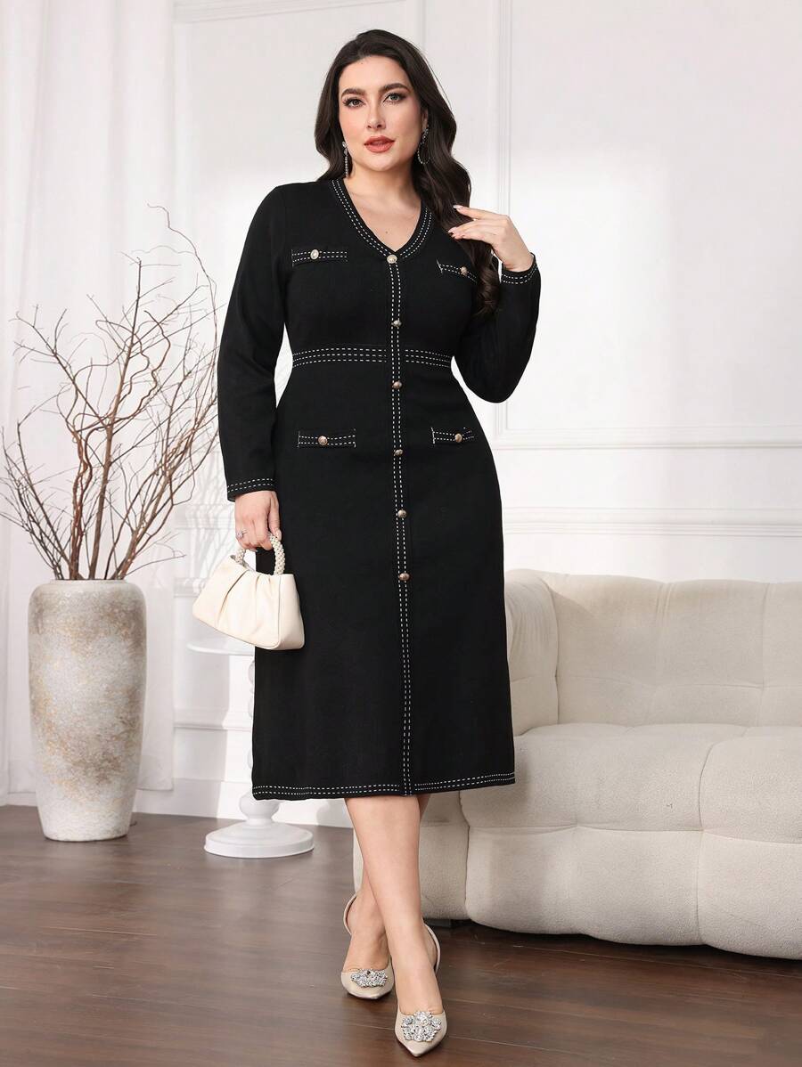 SHEIN Modely Robepull élégante à taille marquée avec passepoil contrastant pour femmes grande