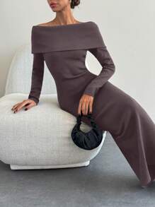 SHEIN Tall Effen kleur off-shoulder getailleerde elegante lange mouw trui jurk - Chocolade bruin - Bekijken 4