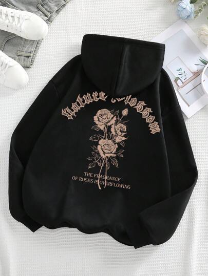 INAWLY 1pc Women's Letter & Floral Print Hooded Long Sleeve Sweatshirt Graduation,Back To School,Graduation,Teacher,Back To School Pullover Fall