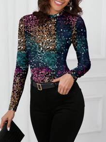 Glamance Warp Atelie Women Multicolor T-Shirts Long Sleeve Round Neck Casual Christmas,Plain,All Over Print,Colorblock Summer Outfits For Women Graphic Tee For Women Going Out