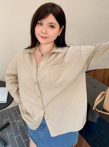 Dazy Plus ملابس علوية كاجوال فضفاض بياقة مفتوحة بلون أحادي، طراز موضة بسيط للربيع والصيف والخريف والشتاء، ملابس نسائية بأكمام طويلة - بني فاتح - مشاهدة 3