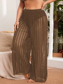 SHEIN Swim Curve Plus Size Solid Color Sheer Elastic Waist Casual Vacation Pants & Cover-Up Summer - Coffee Brown - View 5