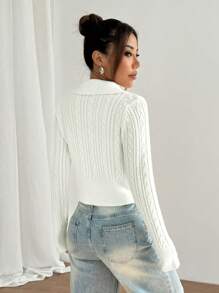 SHEIN Unity Women Solid Color Long Sleeve V-Collar Casual Pullover Sweater, Autumn/Winter Knit Pullover Fall - White - View 2