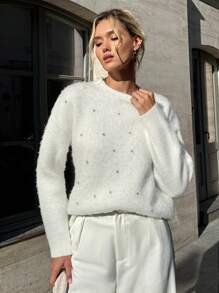 EURMUSE Pulover cu mânecă lungă de pluș, cu decolteu rotund, decorat cu strasuri, de culoare solidă, cu ornamente cu cristale