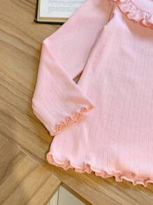 Blossori Young Girls' Elegant French Style Ribbed Pink Ruffle Collar Sweater, Autumn/Winter