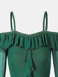 SHEIN 少女露肩吊带网眼荷叶边优雅针织连衣裙 - 軍綠色 - 查看 5