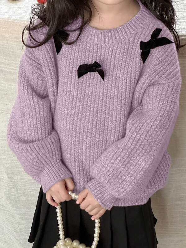 DAZY Young Girl Casual Bowknot Decor Drop Shoulder Sweater, For Autumn/Winter