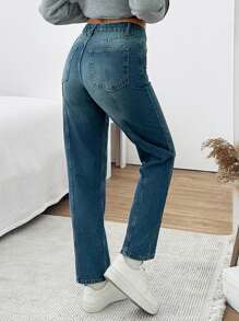 SHEIN Cottnline WOMEN STRAIGHT MID WAIST JEANS - Medium Wash - View 2