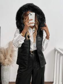 SHEIN LUNE Winter Jacket , Hooded PU Vest With Removable Hood Black Jacket