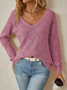 SHEIN LUNE Solid Pointelle Knit Sweater - Purple - View 5