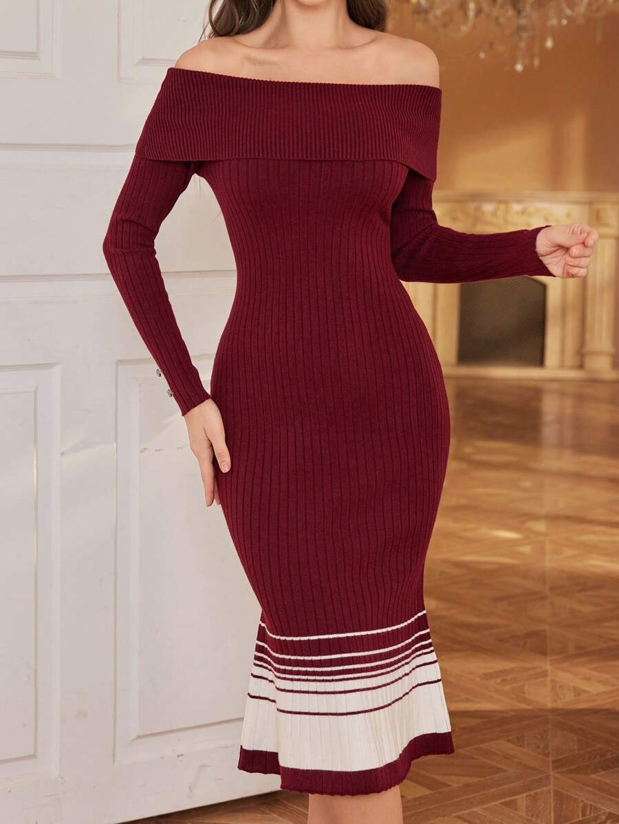 Modelyn Women Off-Shoulder Mermaid Hem Sweater Dress For New Year Clothes - Red - View 1
