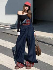 DAZY Peto vaquero casual de mujer con parche de tartán, minimalista y de moda para uso diario