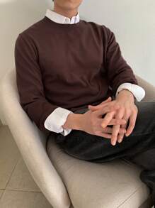 DAZY 1pc Men's Solid Color Round Neck Long Sleeve Casual Sweater, Autumn/Winter - Coffee Brown - View 9