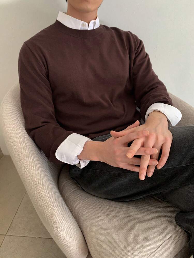 1pc Men's Solid Color Round Neck Long Sleeve Casual Sweater, Autumn/Winter